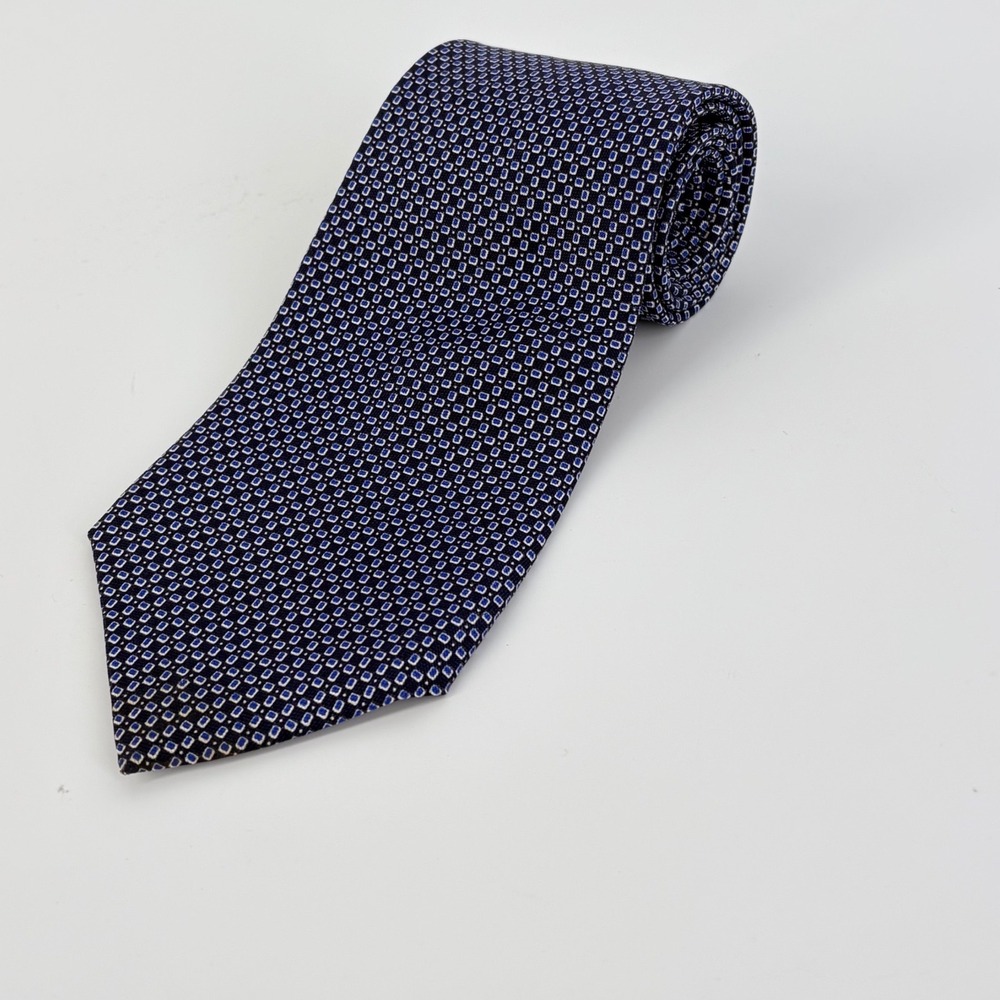 Lauren Ralph Lauren Mens Silk Tie Navy Blue Geometric Micro Square Hand Finished